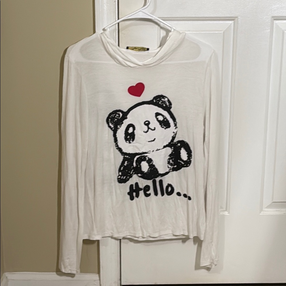 White Panda Graphic Long Sleeve Tee w Hood